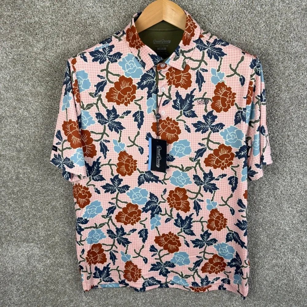 Good Good Golf Pink Canyon Polo‎ Shirt Mens Medium Floral Fighting For Par NEW